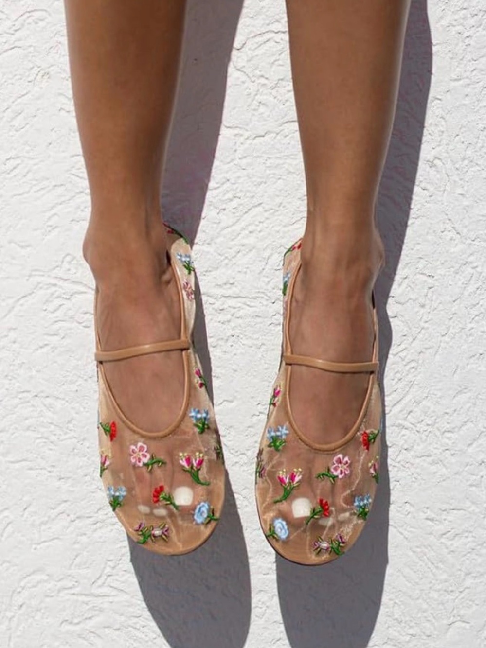 Embroidered Nude Mesh Mary Jane Flats